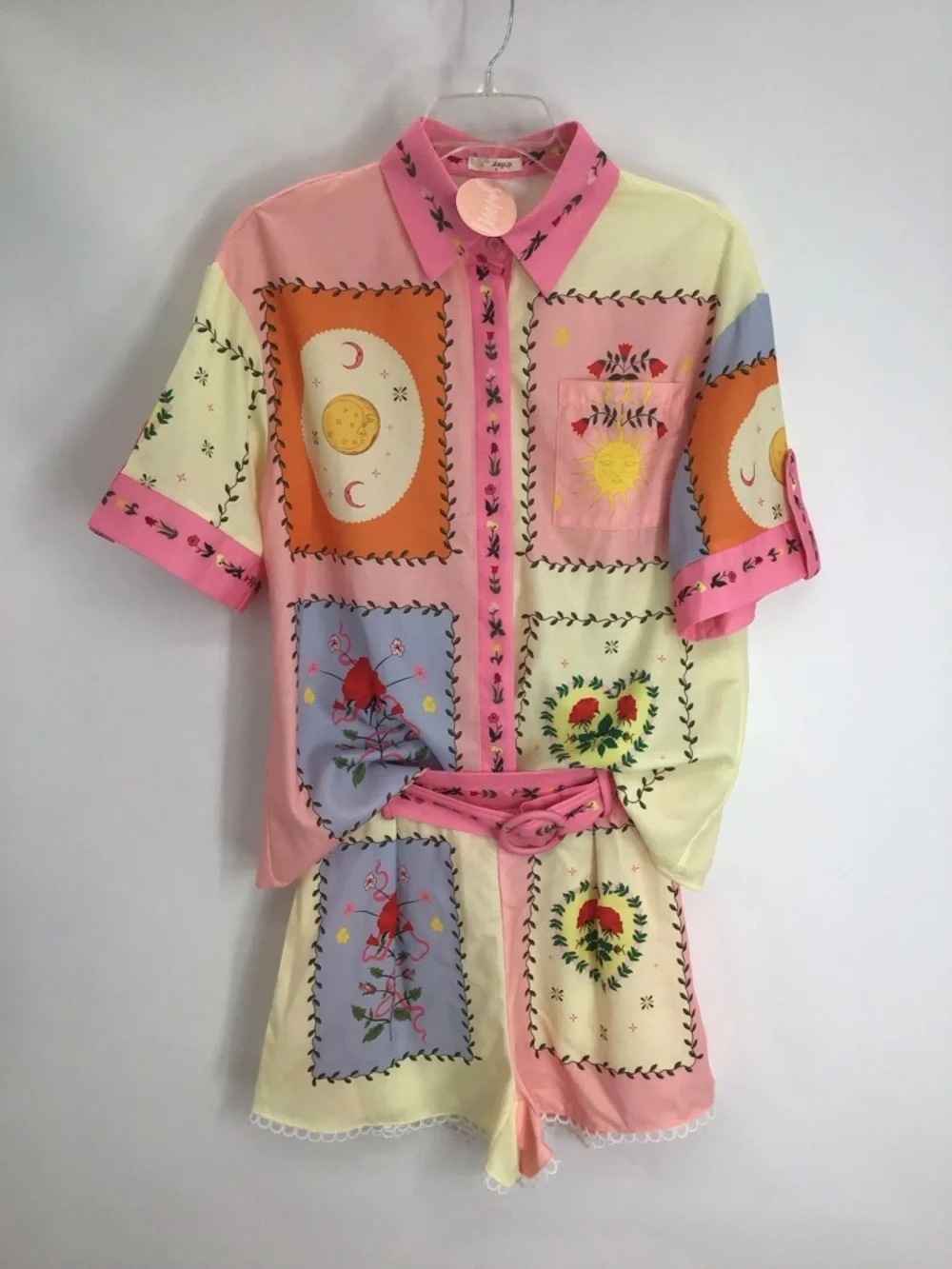SundayUp NWT 2Pc Linen-Blend Shirt & Short Set Summer Beach PInk/Yellow Size S